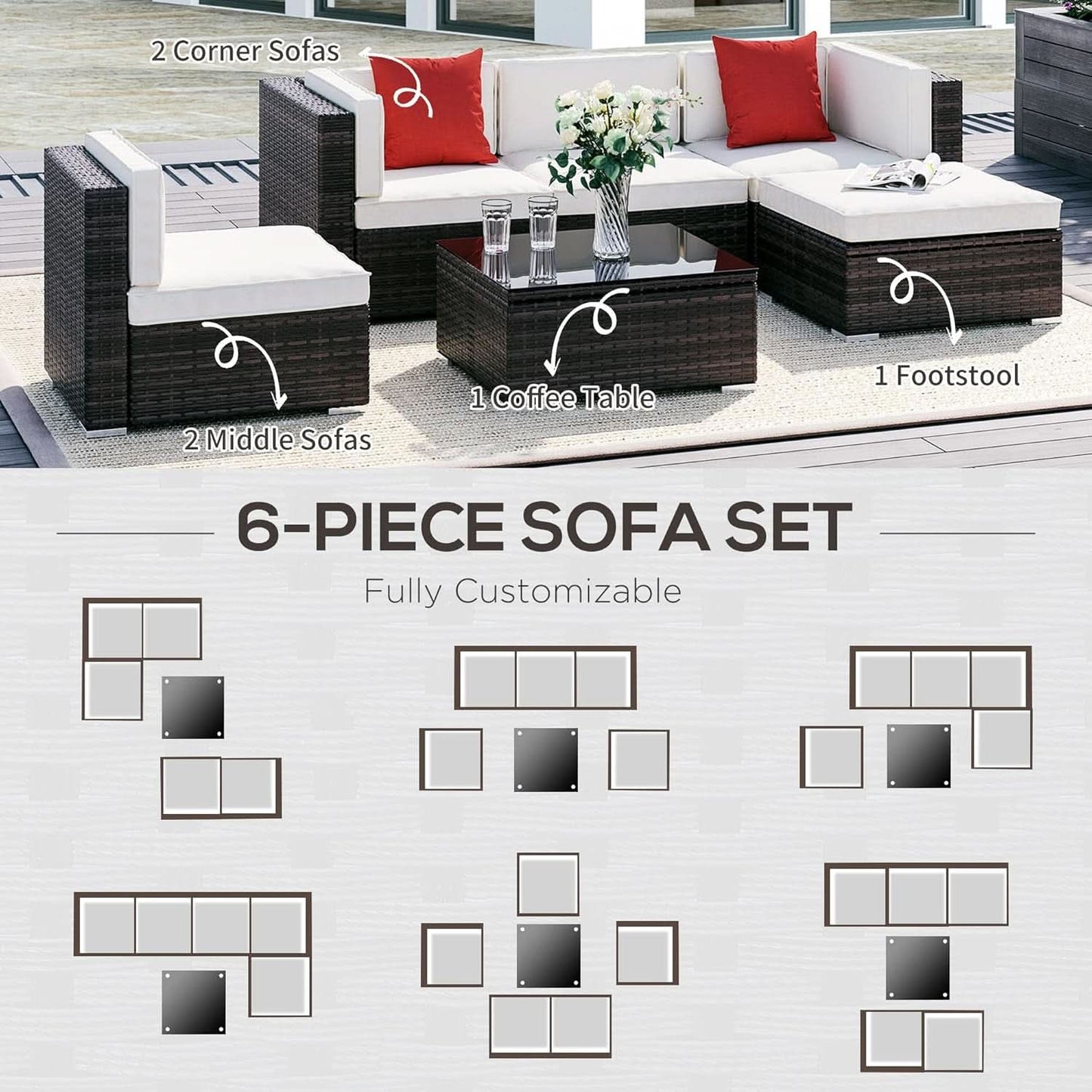 Six Piece Outdoor Wicker Sectional Sofa Set with Ottoman