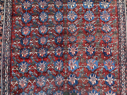 Antique Persian Bijar Rug 9x12 - Allover Motif, Red & Blue