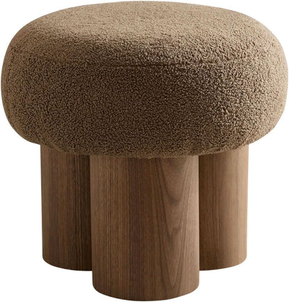 Compact Round Footstool Ottoman Brown Teddy Fabric