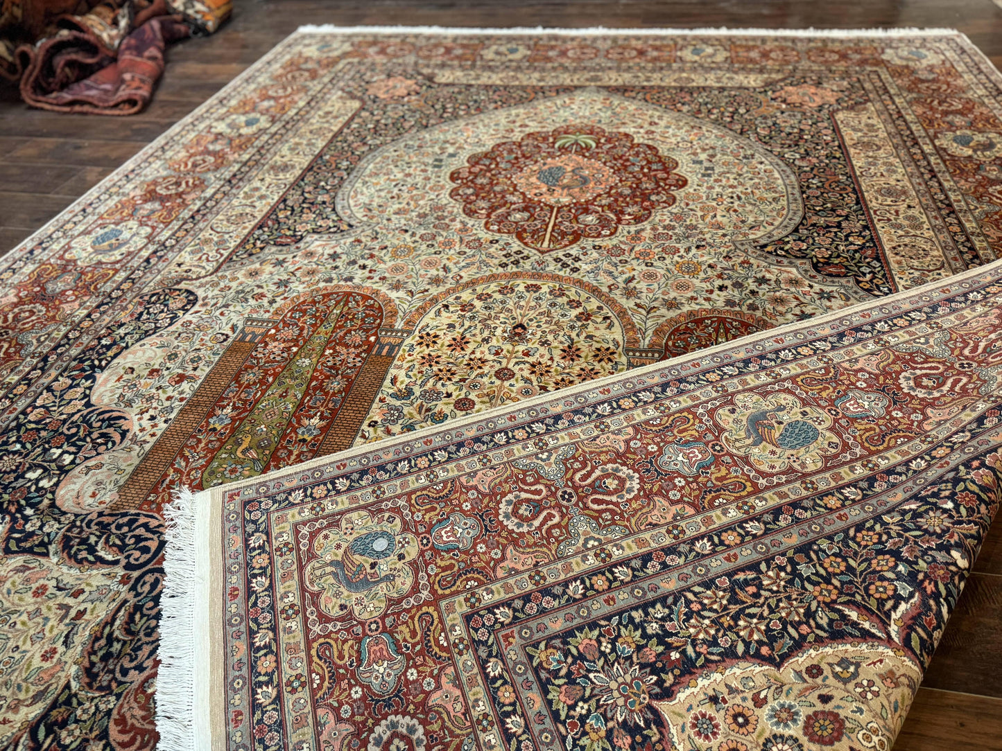 Wonderful Pak Persian Rug 9x12, Very Fine 260 KPSI, Floral Peacocks, Handmade Vintage Wool Rug