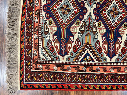 Russian Soumak Rug 6x8, Wool Handmade Antique Kilim Carpet, Multicolor 6 x 8 Geometric Medallions Caucasian Rug, Medium Size