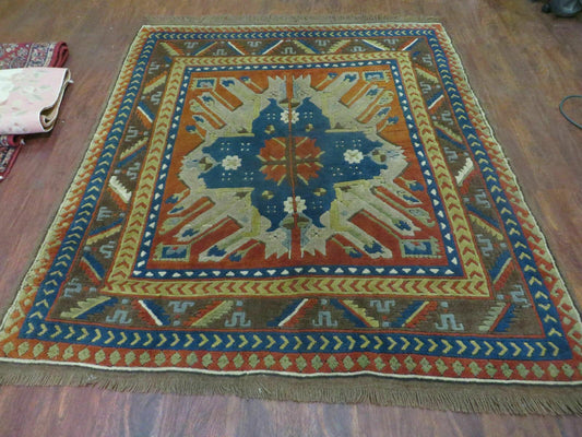 5' X 5.5' Vintage Handmade Turkish Kazak Colorful Wool Square Rug Carpet Bohemian Boho Vintage Interior Home Design