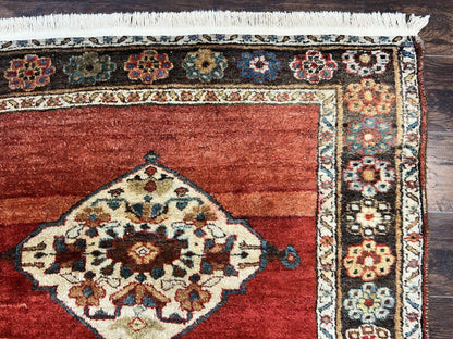 Antique Persian Bidjar Rug 4x8, Triple Medallions, Handmade Oriental Carpet, 1920s Rug, Wool Rug, Red