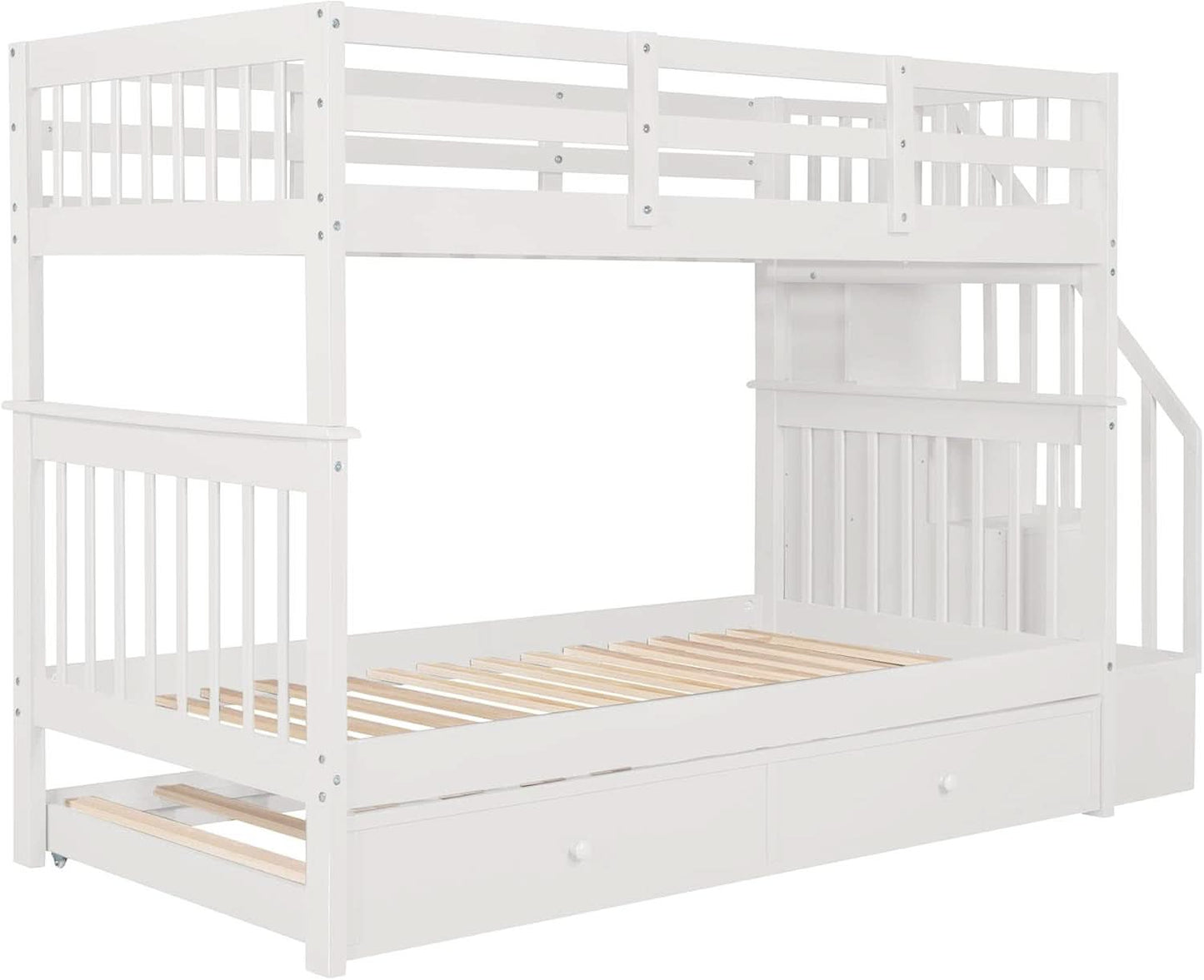 Twin Over Twin Bunk Bed With Stairs And Trundle White
