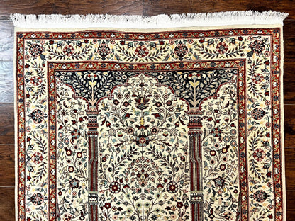 Pak Perisan Prayer Rug 4x6, Tree of LIfe Carpet, Handmade Vintage Wool Rug, Beige, Floral Vases