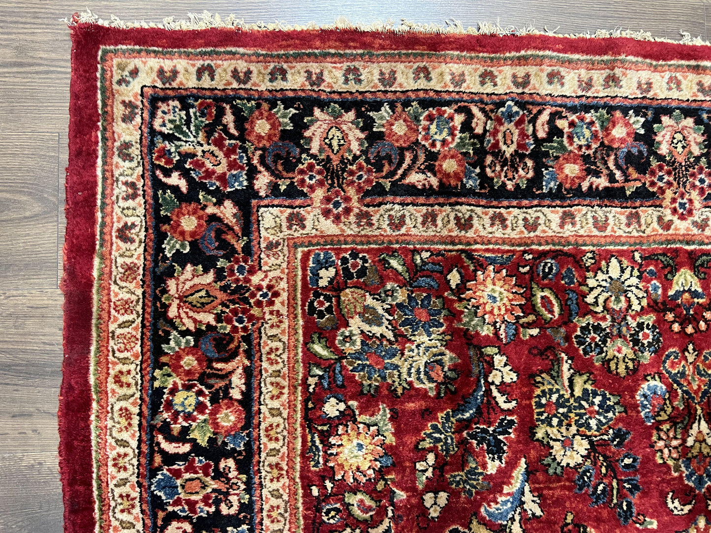 Rare Persian Almost Square Rug 6.3 x 5.3, Hand Knotted Wool Antique 1920s Sarouk Oriental Carpet, Red Navy Blue Beige, Floral Allover, 5x6 Area Rug