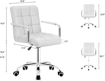 White PU Leather Desk Chair With Wheels Mid Back Office Chair