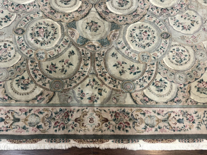 Pak Persian Rug 9x12, Wool with Silk Highlights, European Design, Floral, Green