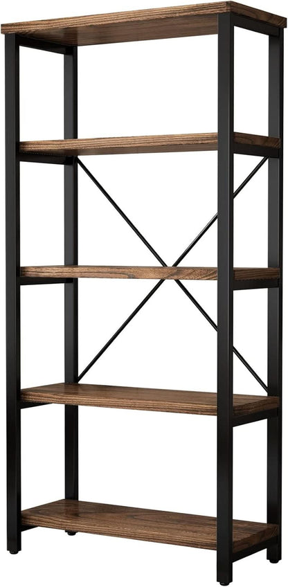 5 Tier Industrial Solid Wood Bookcase With Metal Frame