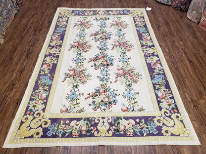 Vintage Chinese Floral Needlepoint Area Rug 6x9, Wool Hand-Woven Handmade Flatweave Rug, Ivory & Purple, Fruits Grapes Apples, Dining Room