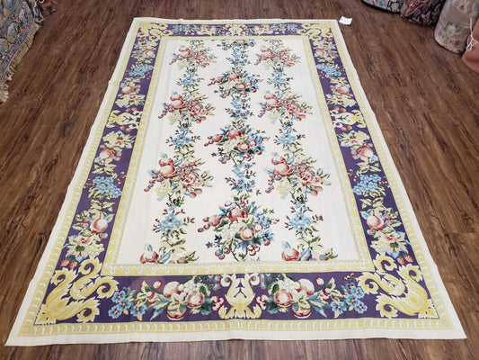 Vintage Chinese Floral Needlepoint Area Rug 6x9, Wool Hand-Woven Handmade Flatweave Rug, Ivory & Purple, Fruits Grapes Apples, Dining Room