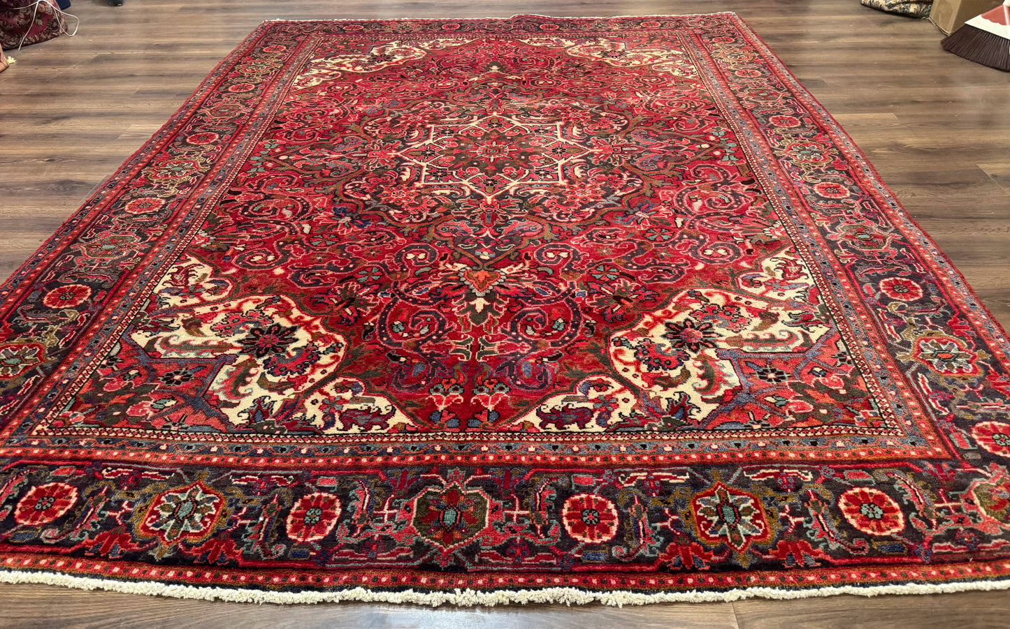 Persian Heriz Rug 7x10, Red and Navy, Geometric Medallion, Vintage Wool Carpet