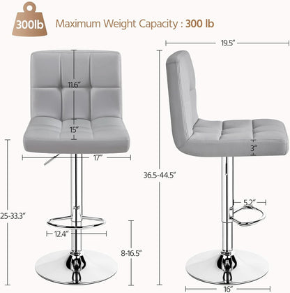 Bar Stools 2 Pack Adjustable Gray PU Leather Counter Height
