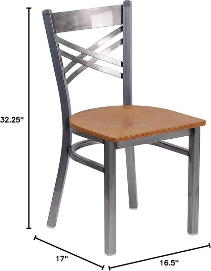 HERCULES Series Clear Coated X Back Metal Restaurant Chair 2 Pack Natural Wood Seat