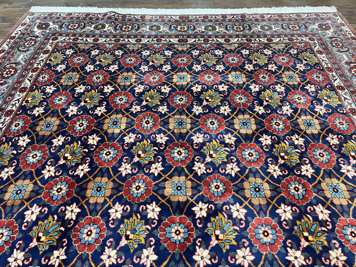 Persian Veramin Rug 7x11, Repeated Allover Pattern, Handmade Vintage Carpet, Navy Blue