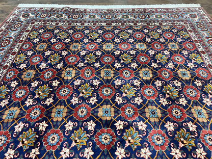 Persian Veramin Rug 7x11, Repeated Allover Pattern, Handmade Vintage Carpet, Navy Blue