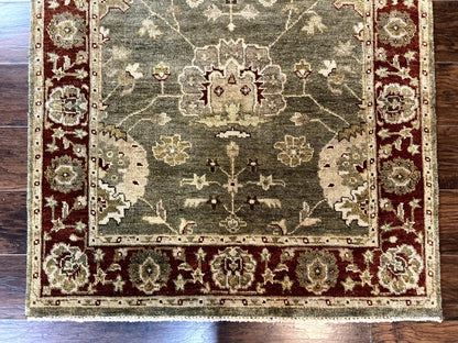 Indo Oushak Rug 4x6, Green and Maroon, Vintage Wool Floral Rug, Indian Agra Rug