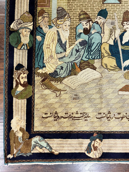 Persian Tabriz Pictorial Rug 3x5, Wall Hanging Carpet, Very Fine 60 Raj 475 KPSI, Hand Knotted Vintage Semi Antique, Wool, Persian Poetry