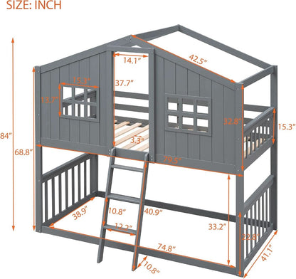 Gray Twin Over Twin House Bunk Bed With Roof For Kids