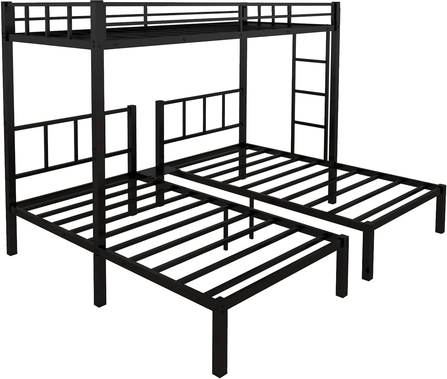 Triple Bunk Bed For 3 With Guardrails And Integrated Ladder