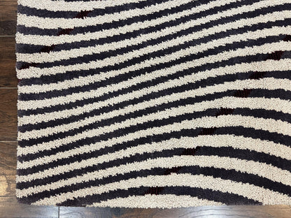 Vintage Zebra Stripes Shag Rug 5.7 x 7.4, Black and White, Retro, Wool