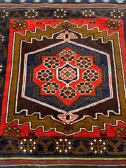 Afghan Rug 3x5, Tribal, Navy Blue, Wool, Handmade, Geometric, Rustic