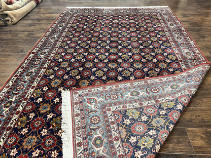 Persian Veramin Rug 7x11, Repeated Allover Pattern, Handmade Vintage Carpet, Navy Blue