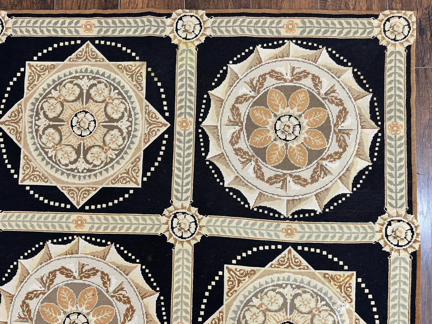 Needlepoint Rug 8x10, Black Tan Beige, Panel Design, Wool Handwoven Handmade Flatweave Needlepoint Carpet, Vintage French European Rug