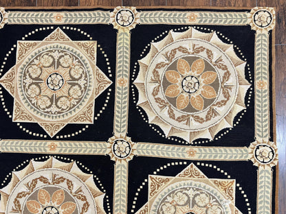 Needlepoint Rug 8x10, Black Tan Beige, Panel Design, Wool Handwoven Handmade Flatweave Needlepoint Carpet, Vintage French European Rug