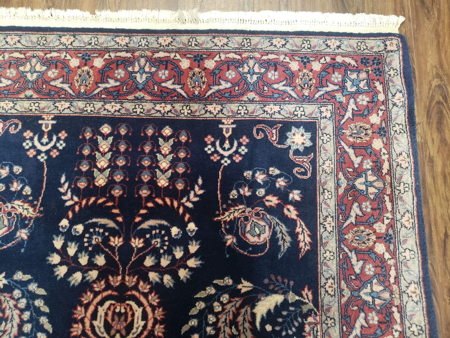 Dark Blue Indo Persian Rug 4x6, Medium Size Hand Knotted Oriental Carpet, Traditional Floral Indian Rug, Blue and Red Entryway Rug, Wool Rug
