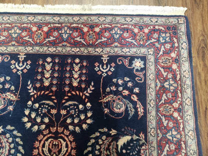 Dark Blue Indo Persian Rug 4x6, Medium Size Hand Knotted Oriental Carpet, Traditional Floral Indian Rug, Blue and Red Entryway Rug, Wool Rug