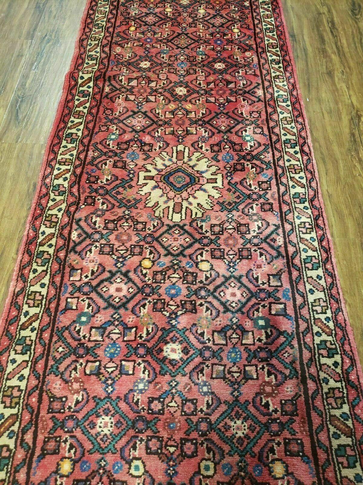 Persian Hamadan Runner Rug 2.8 x 14, Red, Vintage Handmade Wool Runner Rug