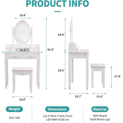 White Vanity Table Set With 360 Degree Rotating Mirror