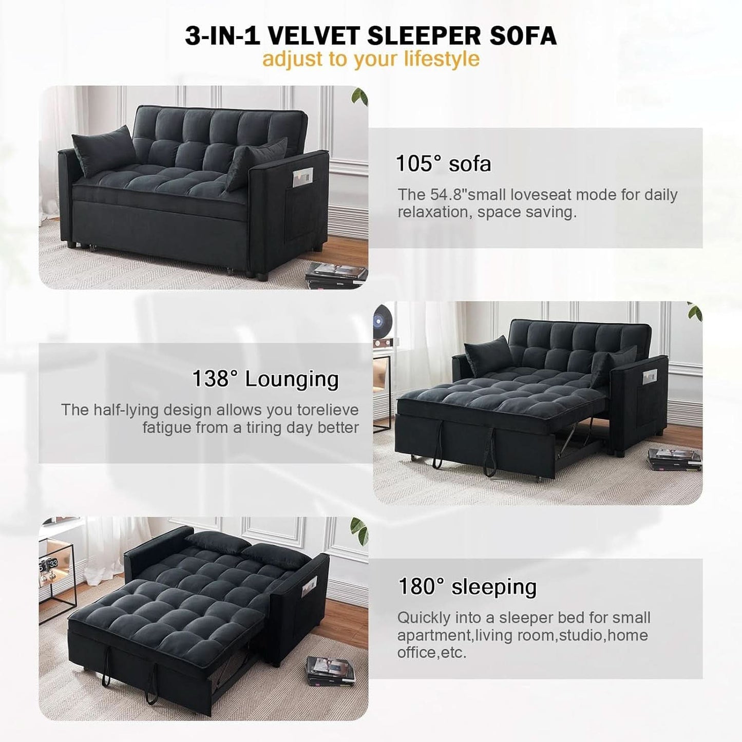 Black Velvet Sleeper Sofa With Adjustable Backrest