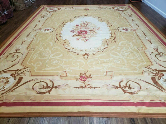 Aubusson Rug 10x13, Savonneire Carpet 10 x 13 ft, Handmade Vintage Flatweave Room Sized Wool Floral Aubusson, Cream/Tan Ivory Reds Pinks