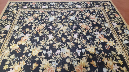 6x9 Vintage Needlepoint Rug Petitepoint Carpet Butterflies Floral Design Dark Brown & Tan 6 x 9 Handmade Flatweave Area Rug