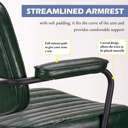 Green Leather Mid Century Office Chair With Wheels And Arms