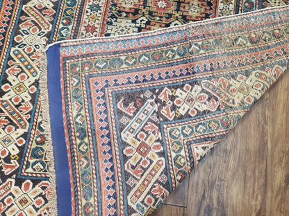 Caucasian Rug 3'9" x 5'7", Antique 1920s Collectible Caucasian Chi Chi Carpet, Hand Knotted, Colorful, Dark Blue Cream Red, Wool, Small Rug
