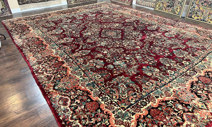 Persian Sarouk Rug 12x17, Wool Hand Knotted Antique Carpet, Dark Red, Traditional Floral Oriental Rug, 12 x 17 Extra Large Handmade Rug