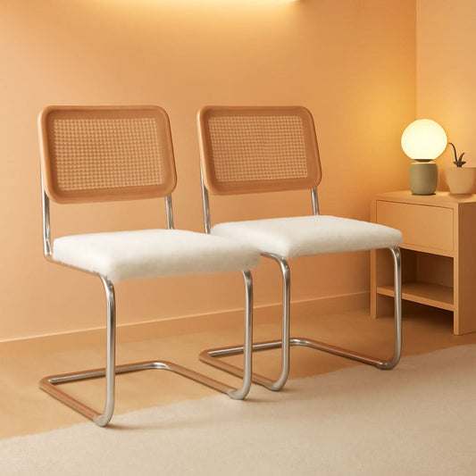 Modern Cesca Cane Dining Chairs With White Boucle Seat
