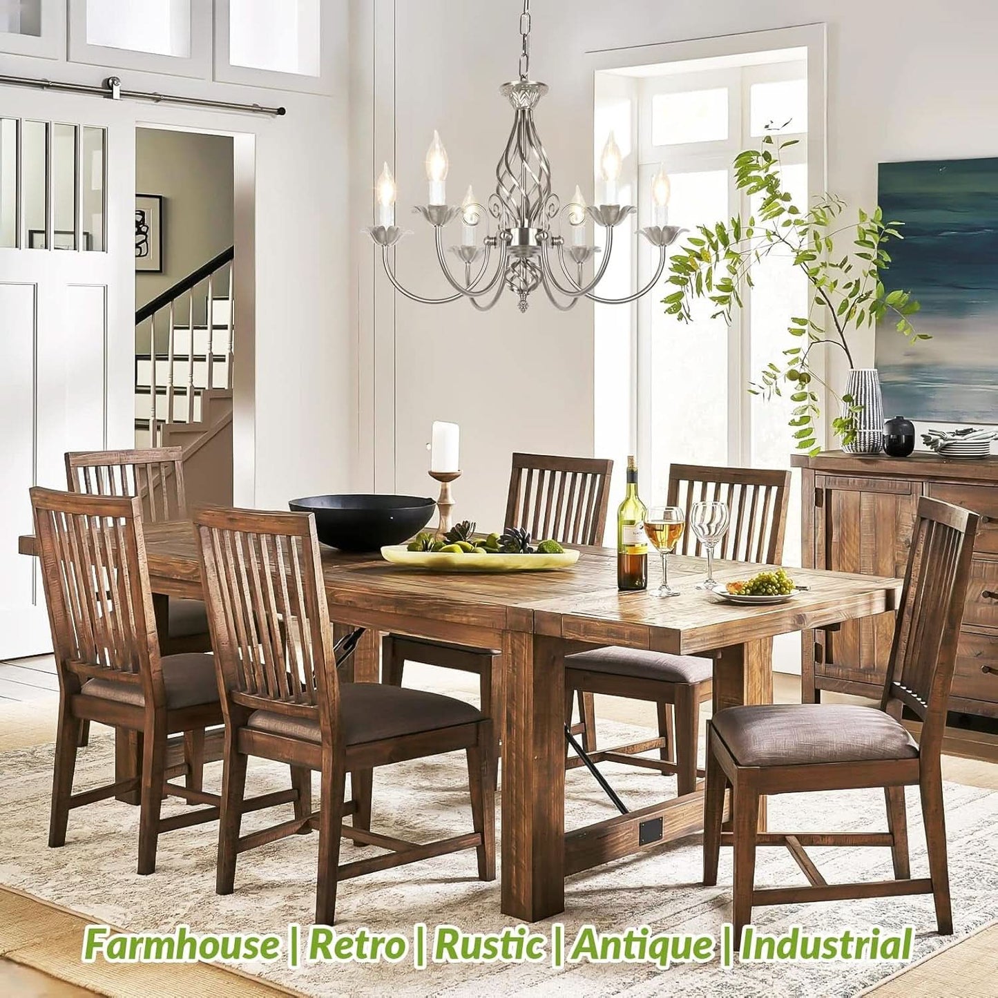 6-Light Rustic Farmhouse Candle Chandelier, Brushed Nickel