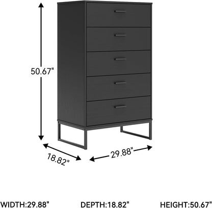 Modern 5-Drawer Chest with Safety Stop, Black Finish for Bedroom