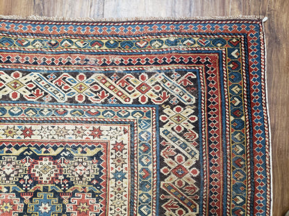 Caucasian Rug 3'9" x 5'7", Antique 1920s Collectible Caucasian Chi Chi Carpet, Hand Knotted, Colorful, Dark Blue Cream Red, Wool, Small Rug