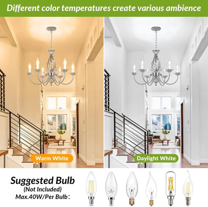 6-Light Rustic Farmhouse Candle Chandelier, Brushed Nickel