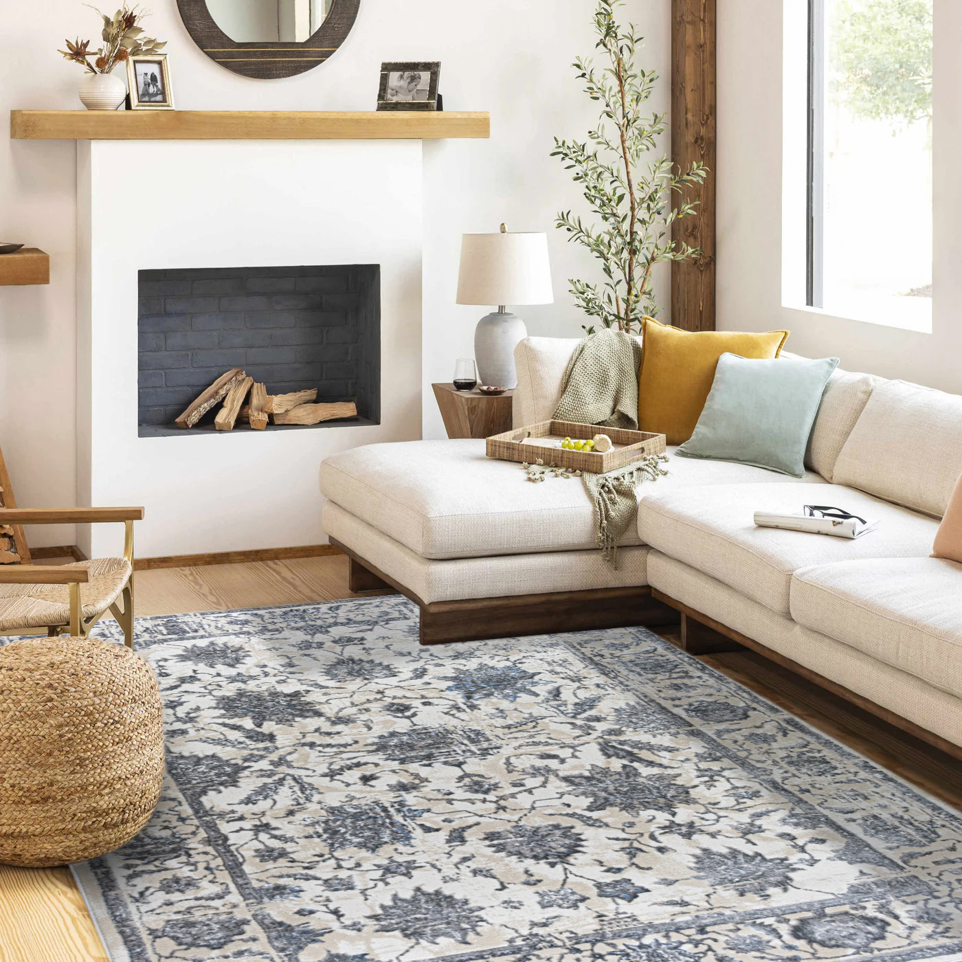 ROY's Home Alfombras de diseño de dos niveles, patrón clásico: hilo marfil brillante, gris y beige 