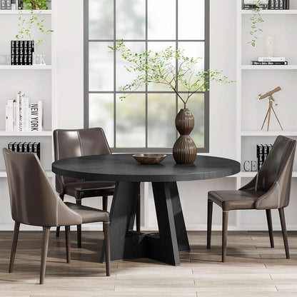 Round Wood Dining Table Farmhouse 47 Inch For Dining Room With Cross Base Black