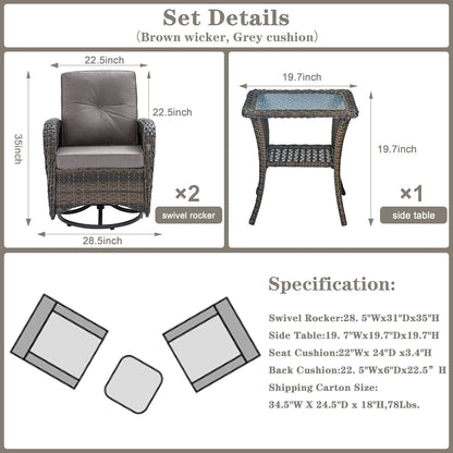 Brown Wicker Swivel Patio Set 2 Chairs Glass Table