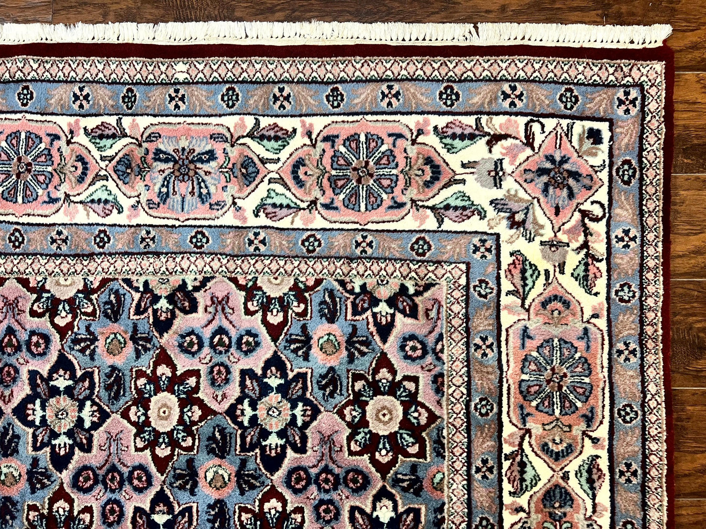 Indo Persian Rug 8x10, Repeated Allover Pattern, Navy Blue Ivory, Handmade Vintage Wool Carpet