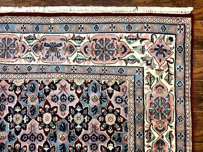 Indo Persian Rug 8x10, Repeated Allover Pattern, Navy Blue Ivory, Handmade Vintage Wool Carpet