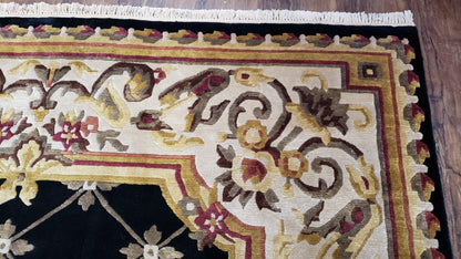 Nepal Rug 6x9, New Aubusson Nepalese Tibetan Carpet 6'1" x 8' 8", Hand-Knotted Wool, Unused, Black & Cream, Savonnerie Pattern, Soft Pile